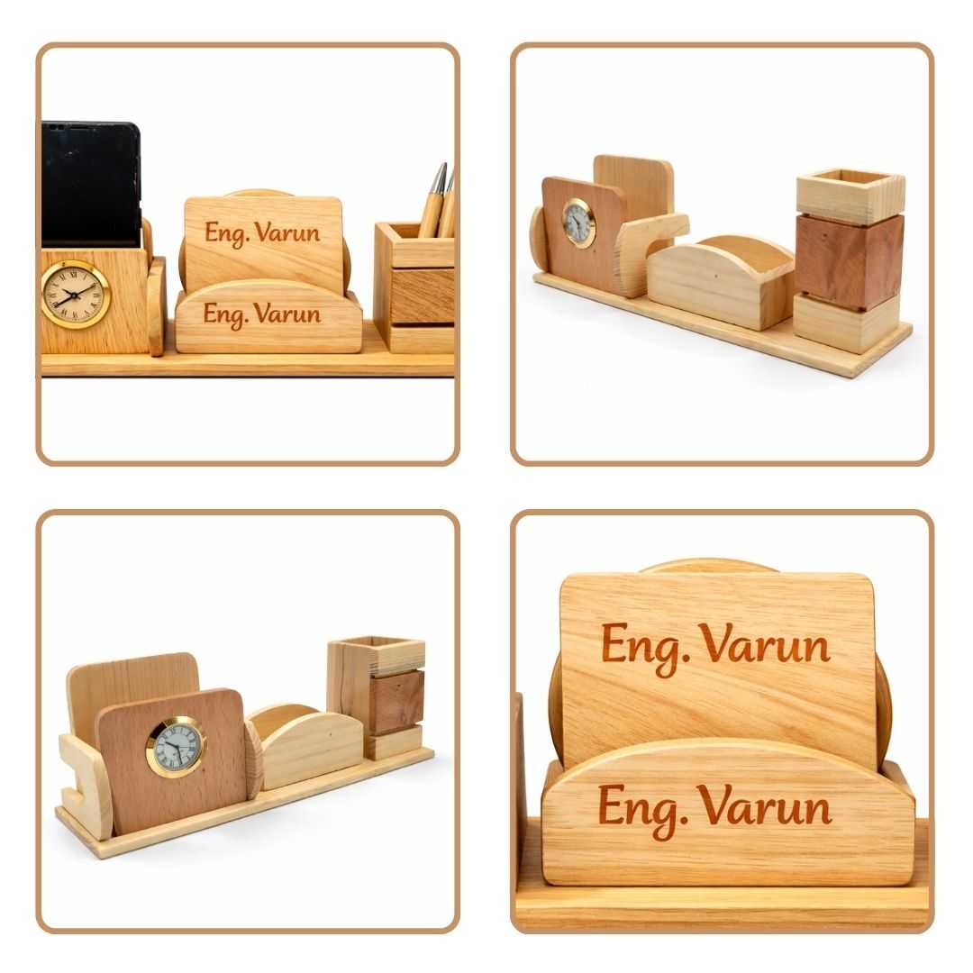 Personalized Wooden Pen Stand with 2 Compartments & 2 Coasters