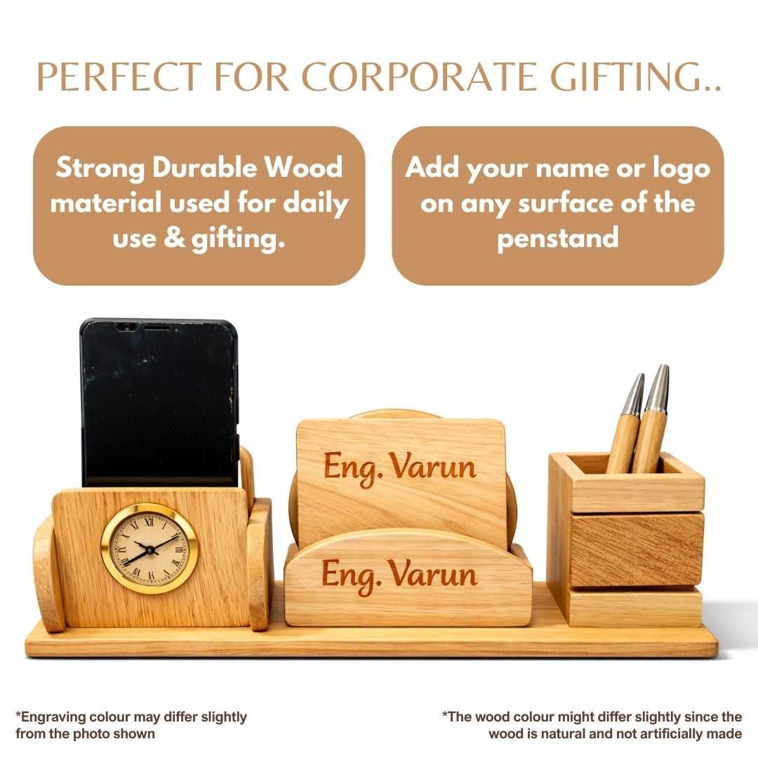 Personalized Wooden Pen Stand with 2 Compartments & 2 Coasters