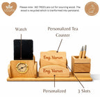Personalized Wooden Pen Stand with 2 Compartments & 2 Coasters