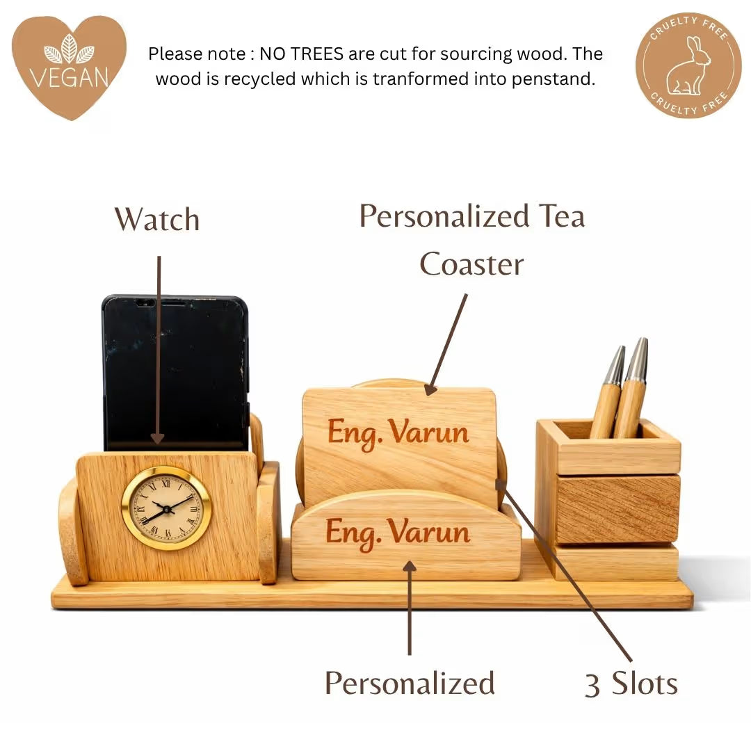Personalized Wooden Pen Stand with 2 Compartments & 2 Coasters