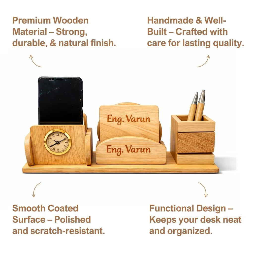 Personalized Wooden Pen Stand with 2 Compartments & 2 Coasters