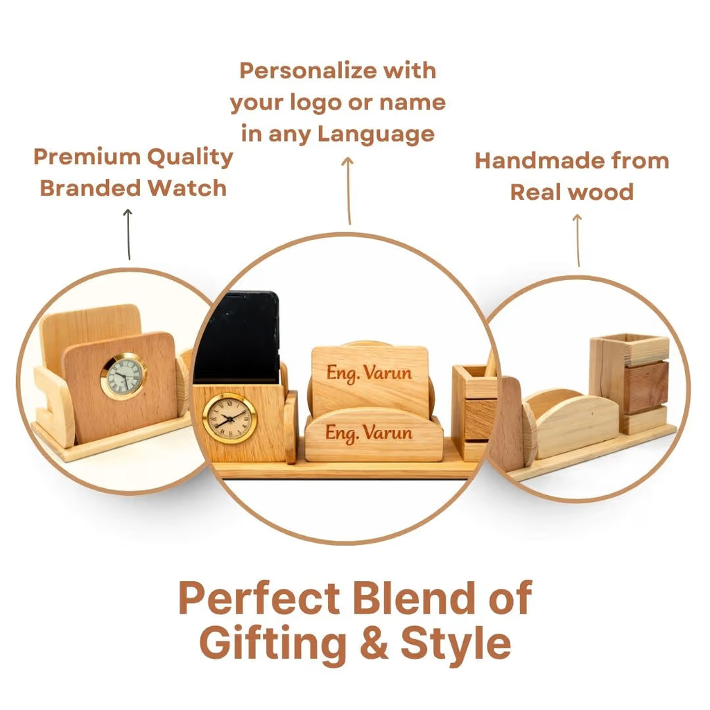Personalized Wooden Pen Stand with 2 Compartments & 2 Coasters