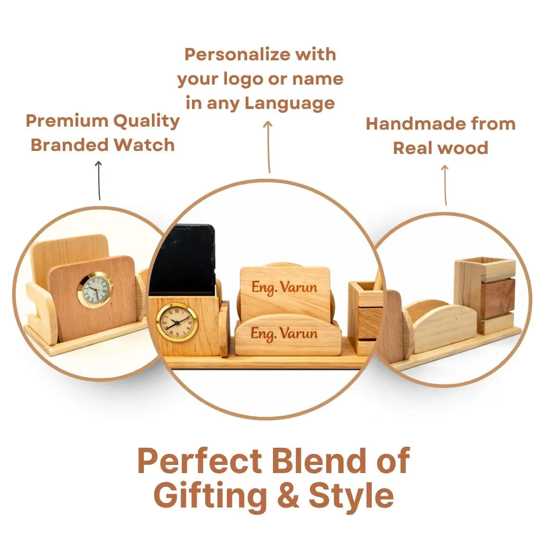 Personalized Wooden Pen Stand with 2 Compartments & 2 Coasters