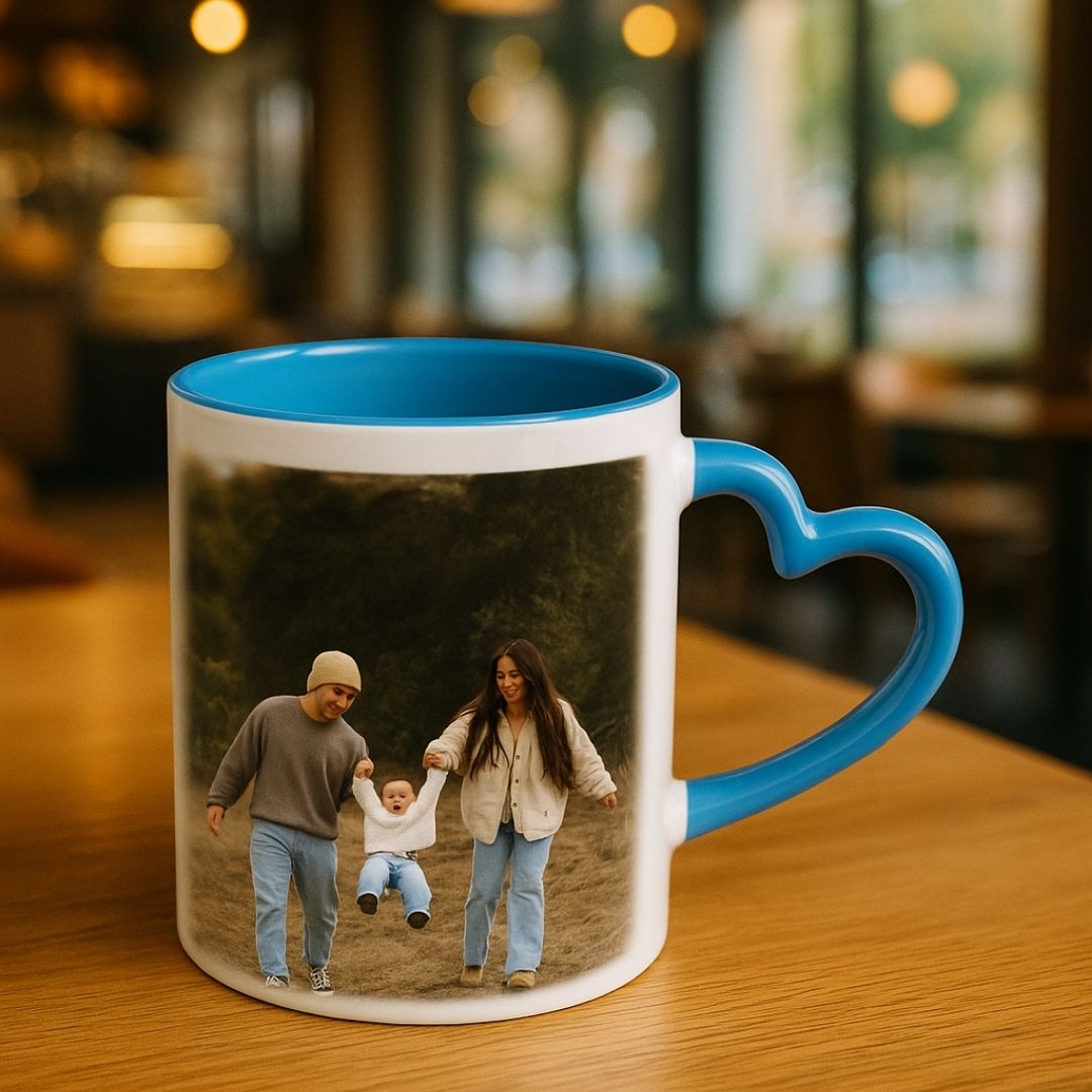 Light Blue Heart Handle Ceramic Photo Mug
