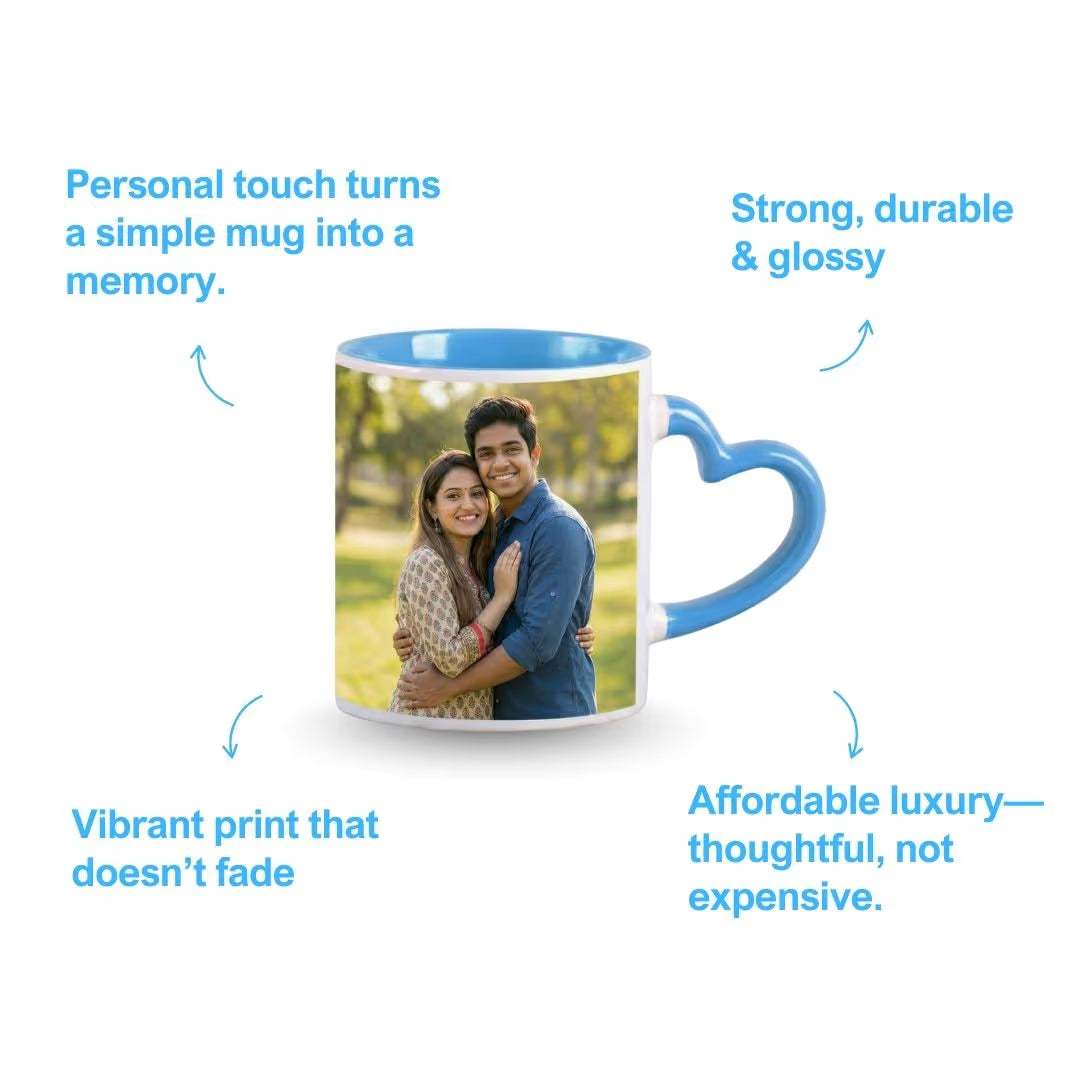 Light Blue Heart Handle Ceramic Photo Mug
