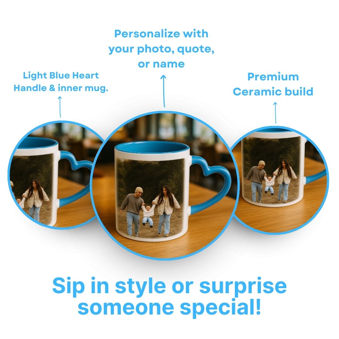 Light Blue Heart Handle Ceramic Photo Mug