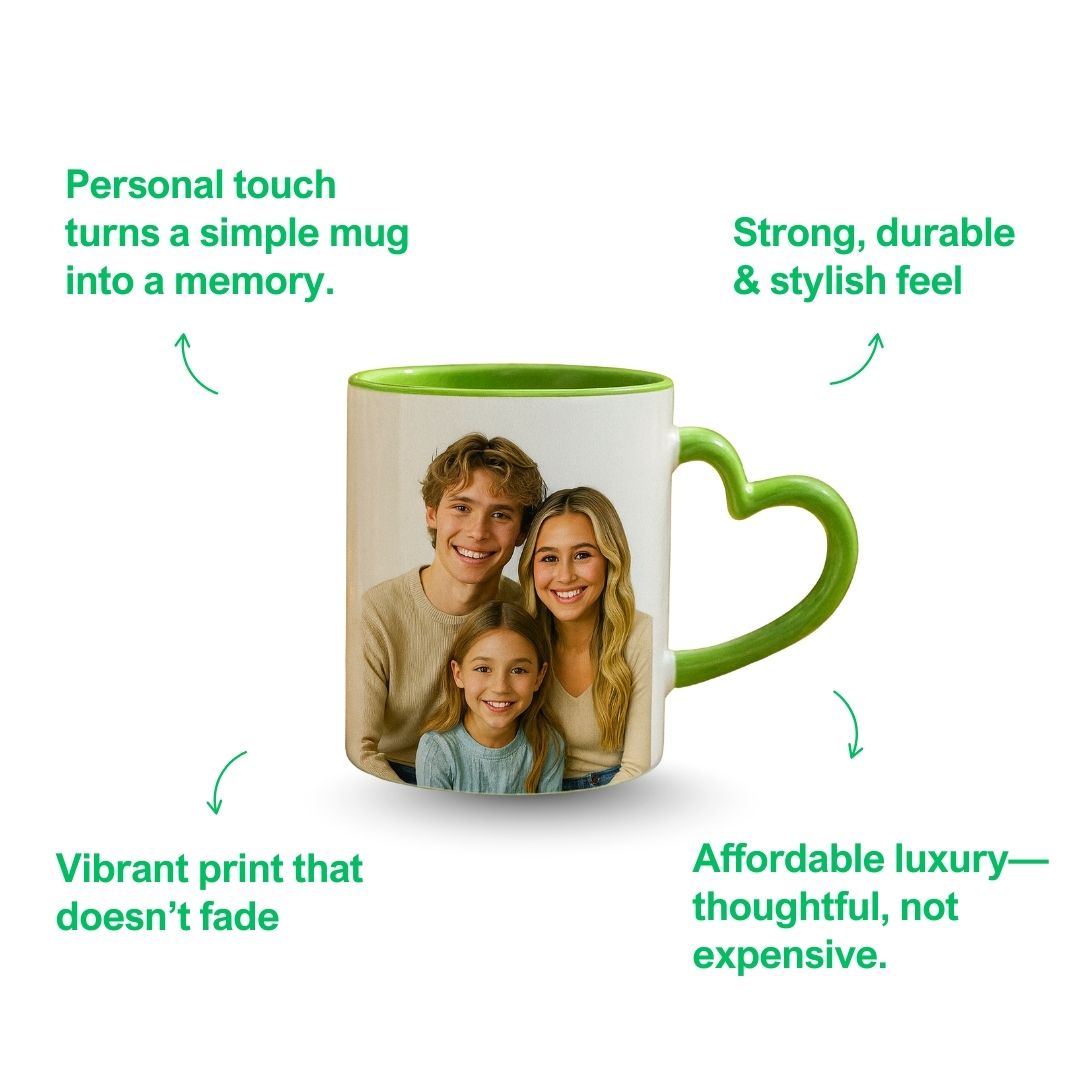 Light Green Heart Handle Ceramic Photo Mug