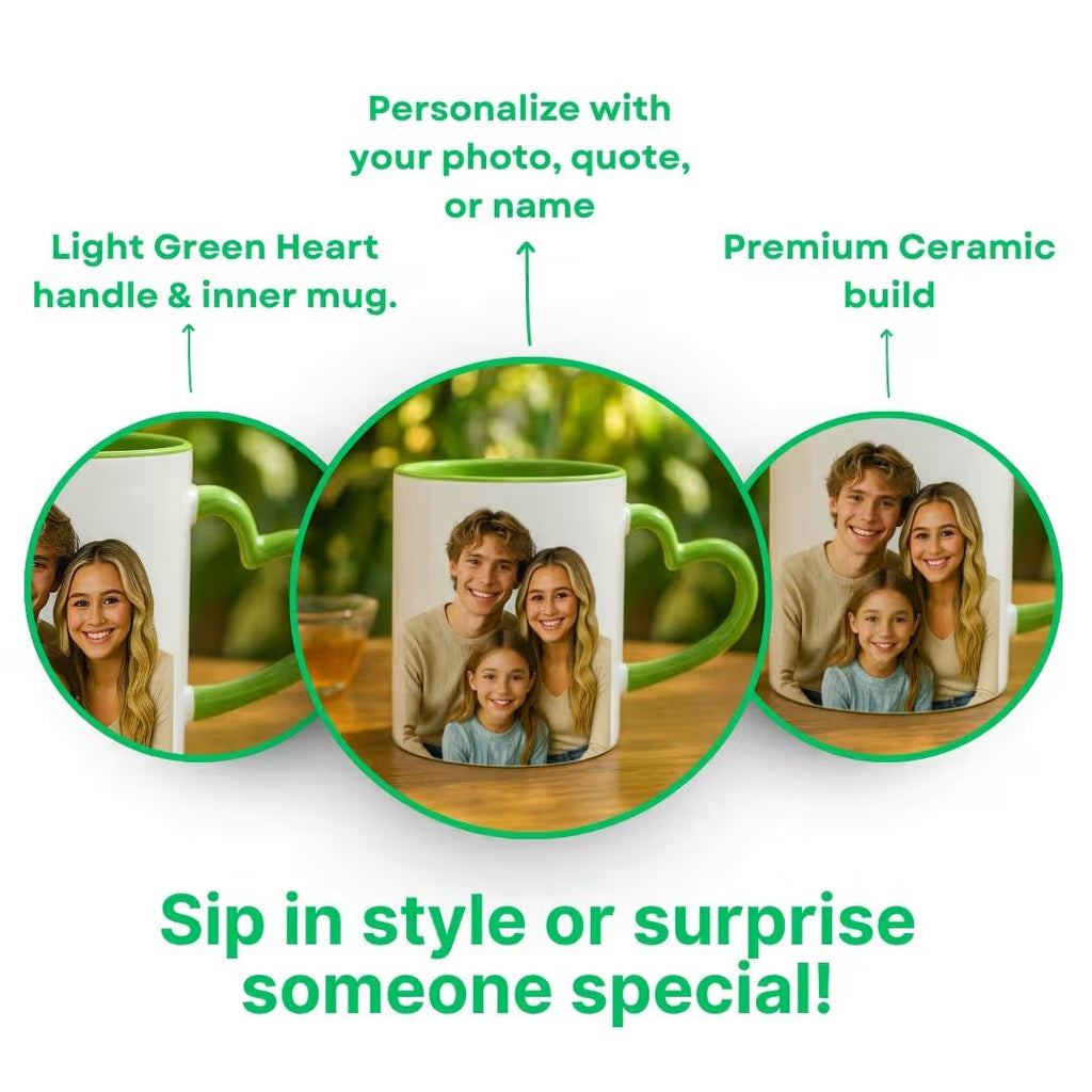 Light Green Heart Handle Ceramic Photo Mug