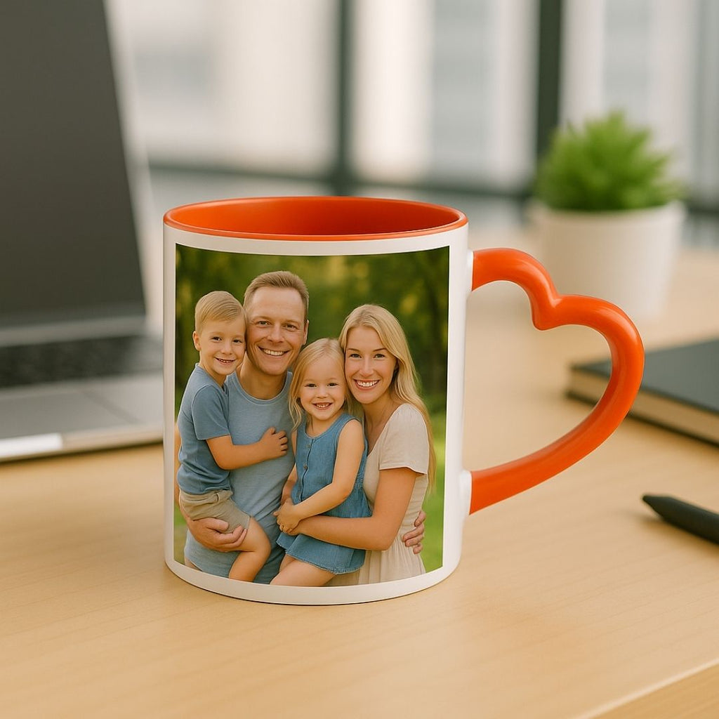 Orange Heart Handle Ceramic Photo Mug