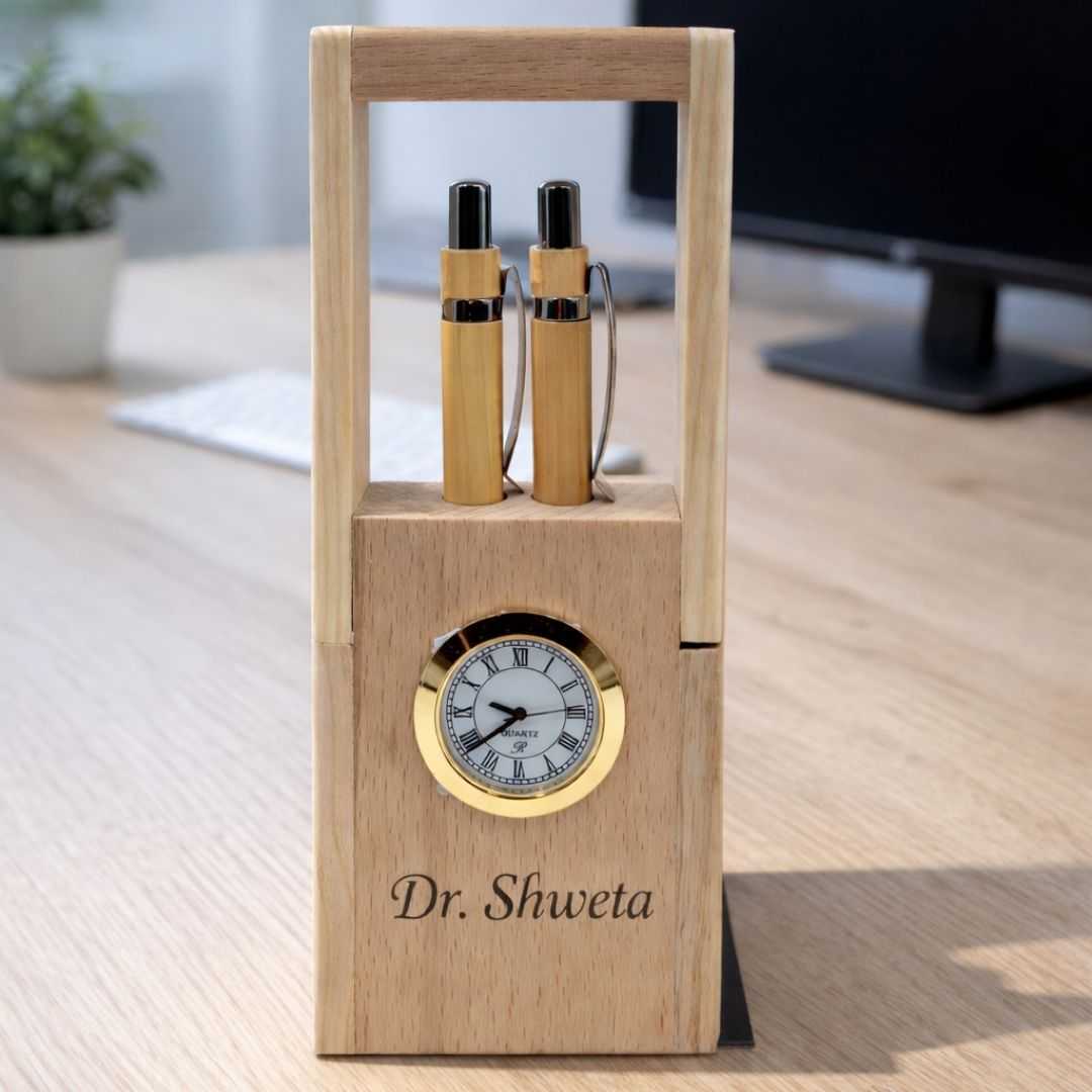 Personalized Foldable Wooden Pen Stand with Clock & 2 Pens