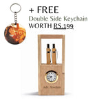 Personalized Foldable Wooden Pen Stand with Clock & 2 Pens