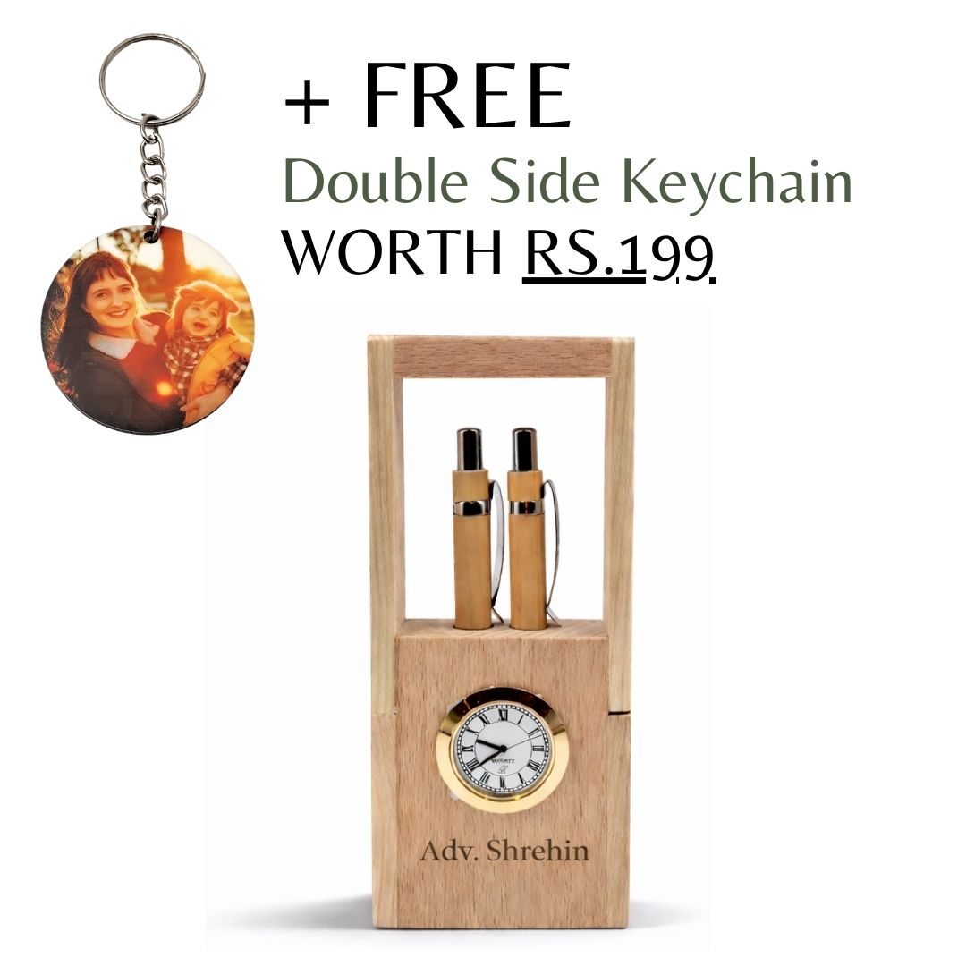 Personalized Foldable Wooden Pen Stand with Clock & 2 Pens