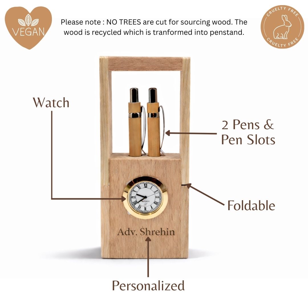 Personalized Foldable Wooden Pen Stand with Clock & 2 Pens