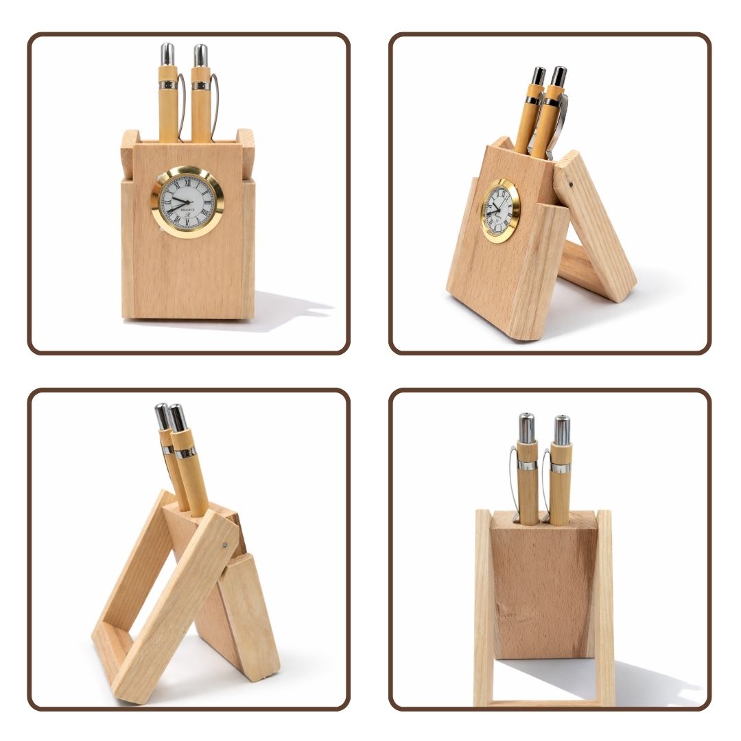 Personalized Foldable Wooden Pen Stand with Clock & 2 Pens
