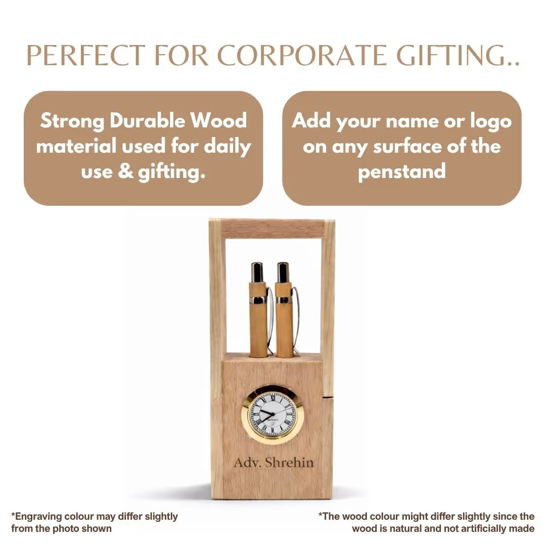 Personalized Foldable Wooden Pen Stand with Clock & 2 Pens