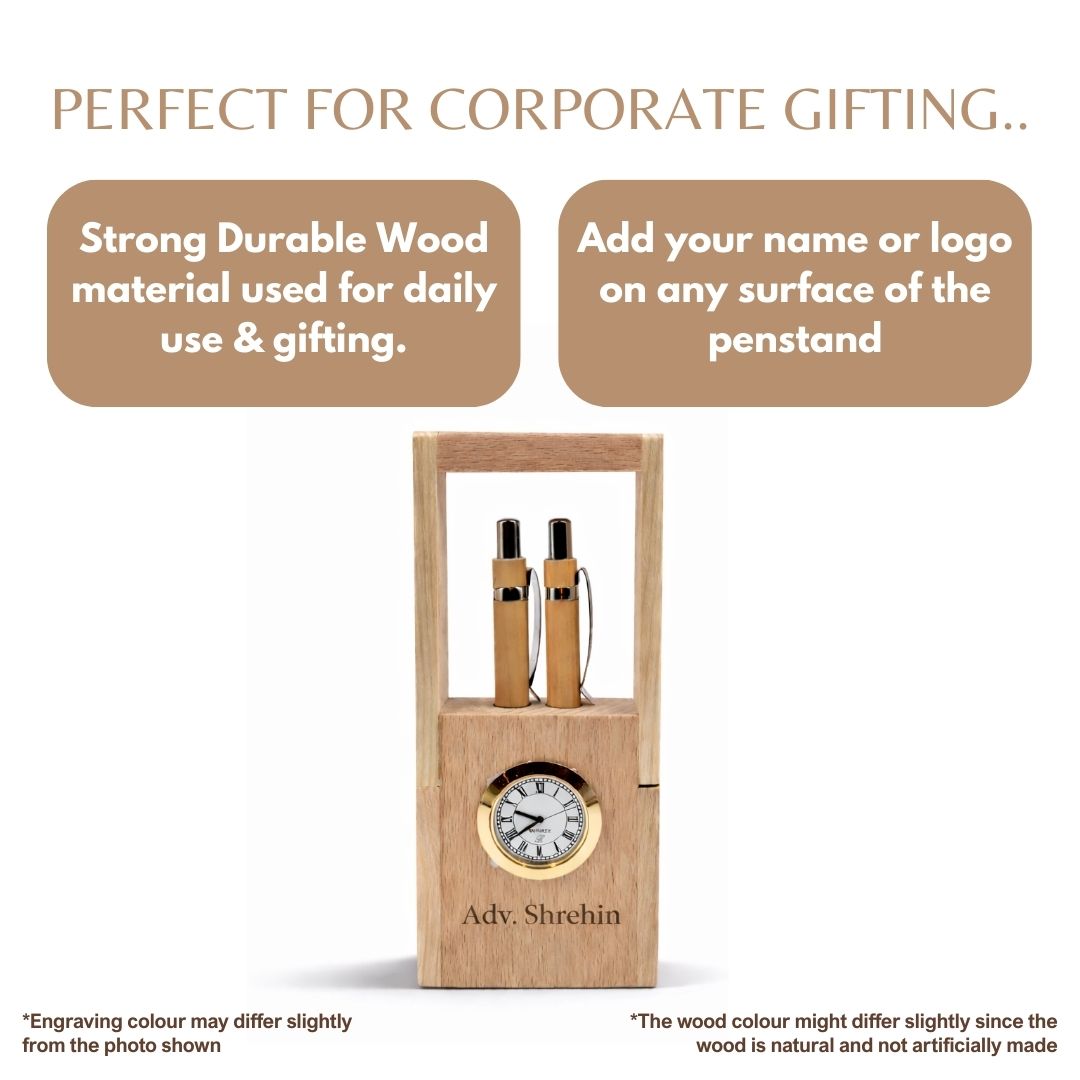 Personalized Foldable Wooden Pen Stand with Clock & 2 Pens