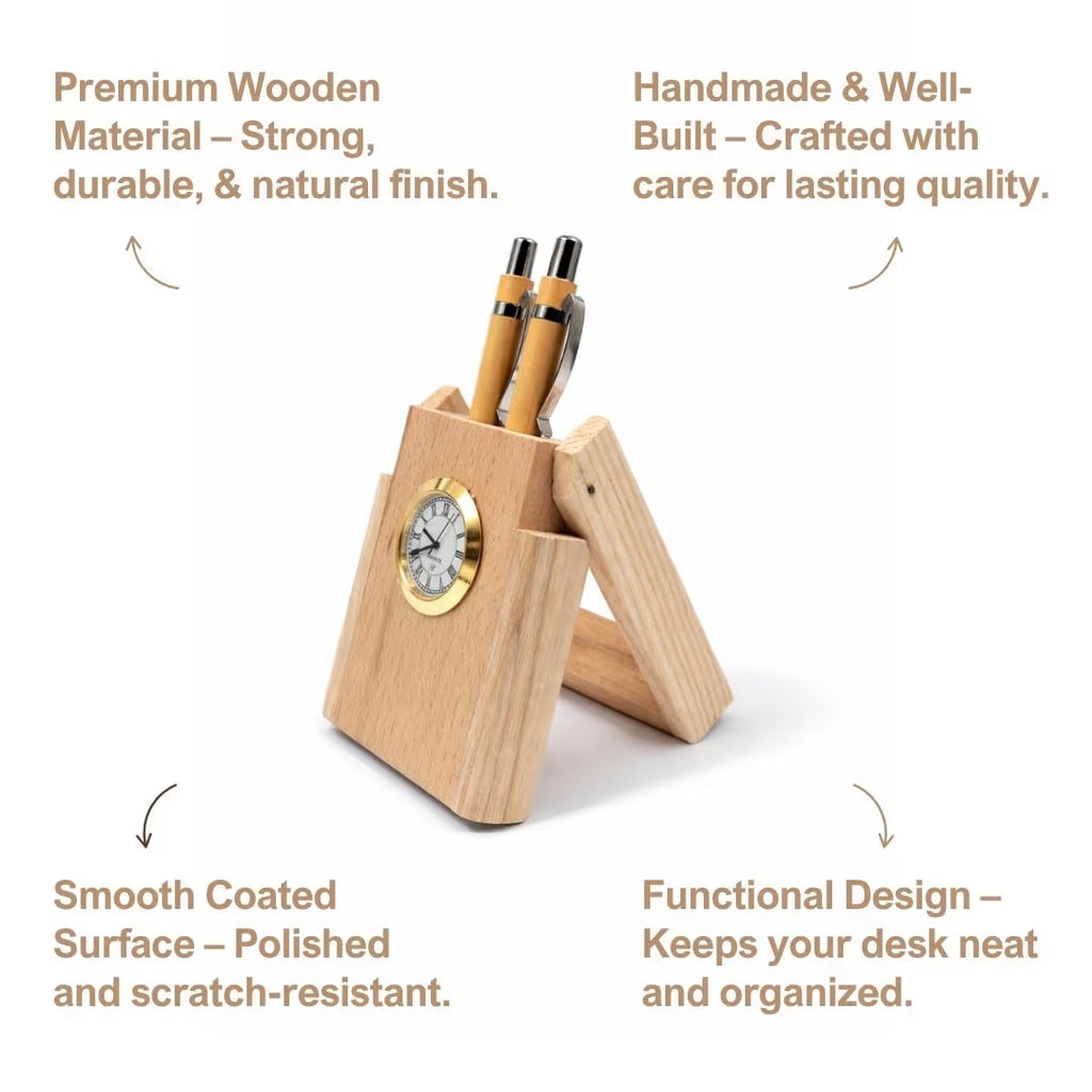 Personalized Foldable Wooden Pen Stand with Clock & 2 Pens