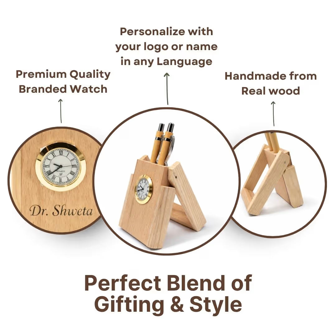 Personalized Foldable Wooden Pen Stand with Clock & 2 Pens
