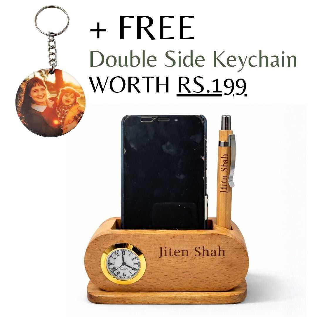 Personalized Wooden Desk Organizer with Clock & Pen Holder
