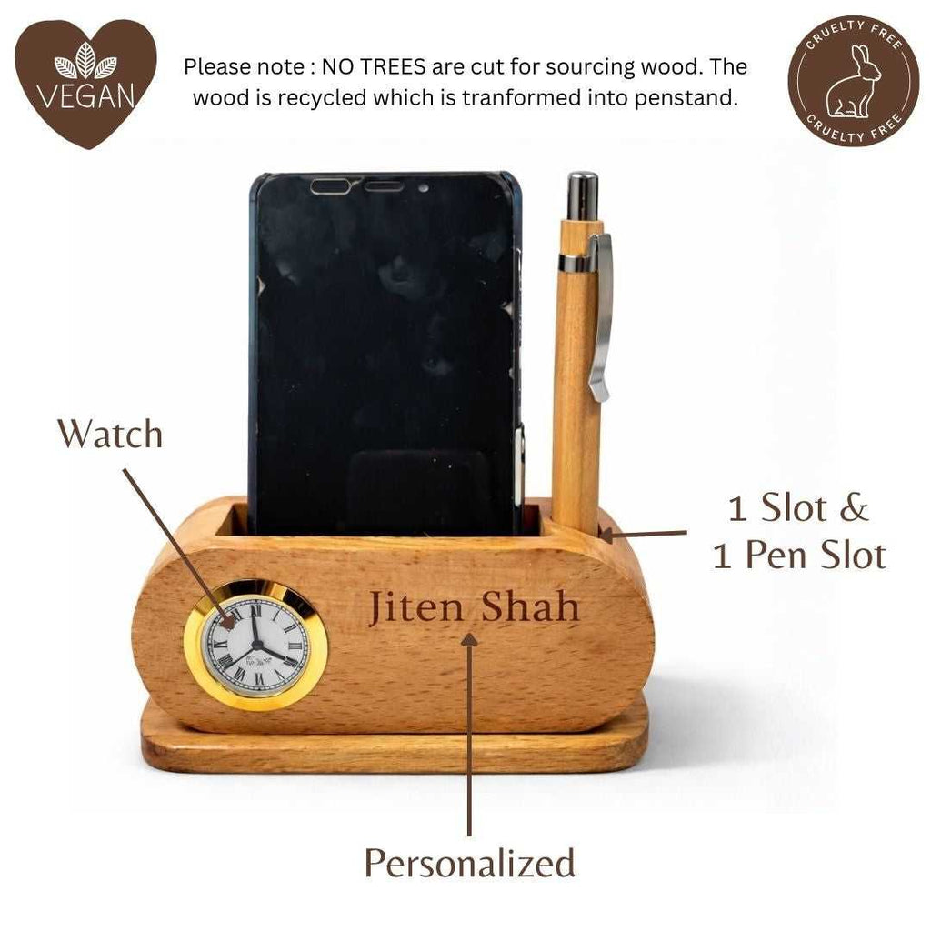 Personalized Wooden Desk Organizer with Clock & Pen Holder
