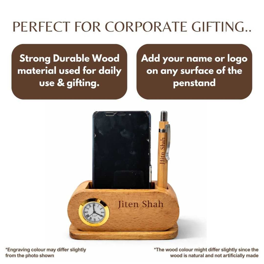Personalized Wooden Desk Organizer with Clock & Pen Holder