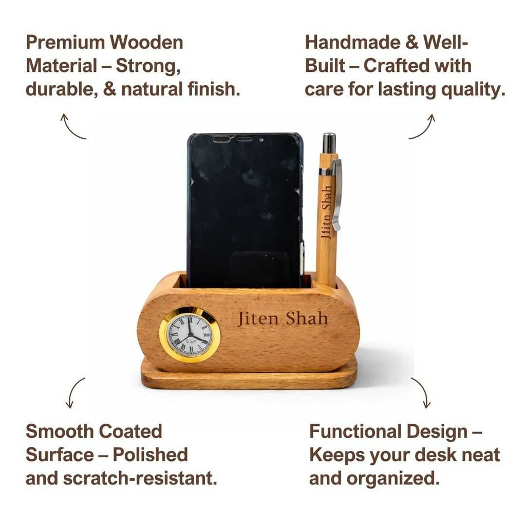 Personalized Wooden Desk Organizer with Clock & Pen Holder