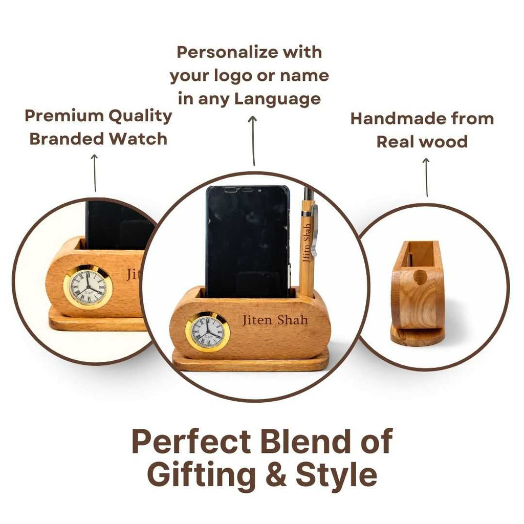Personalized Wooden Desk Organizer with Clock & Pen Holder