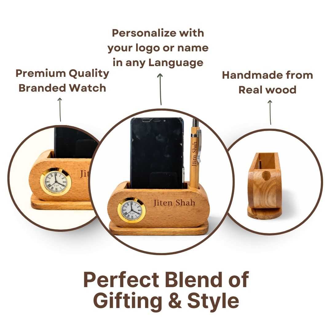 Personalized Wooden Desk Organizer with Clock & Pen Holder