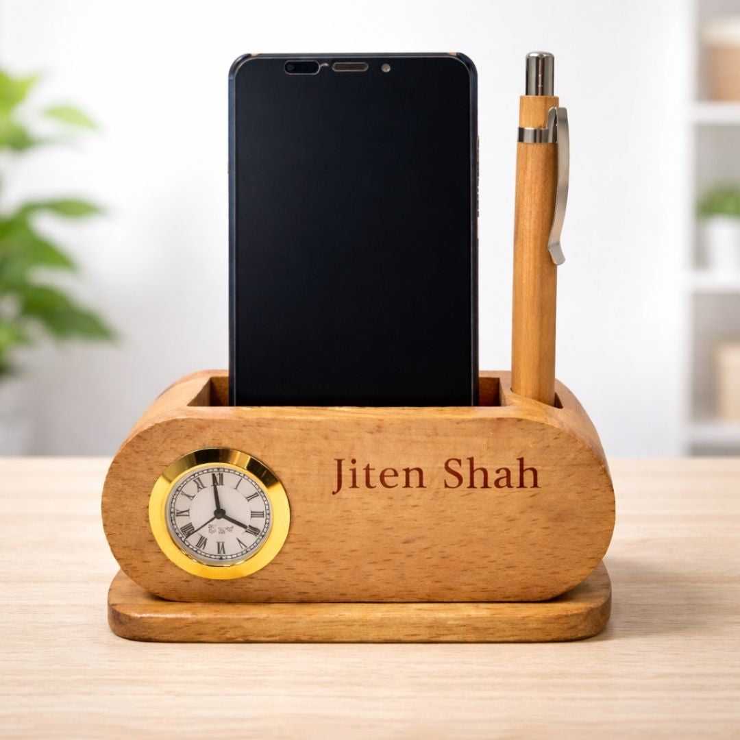 Personalized Wooden Desk Organizer with Clock & Pen Holder