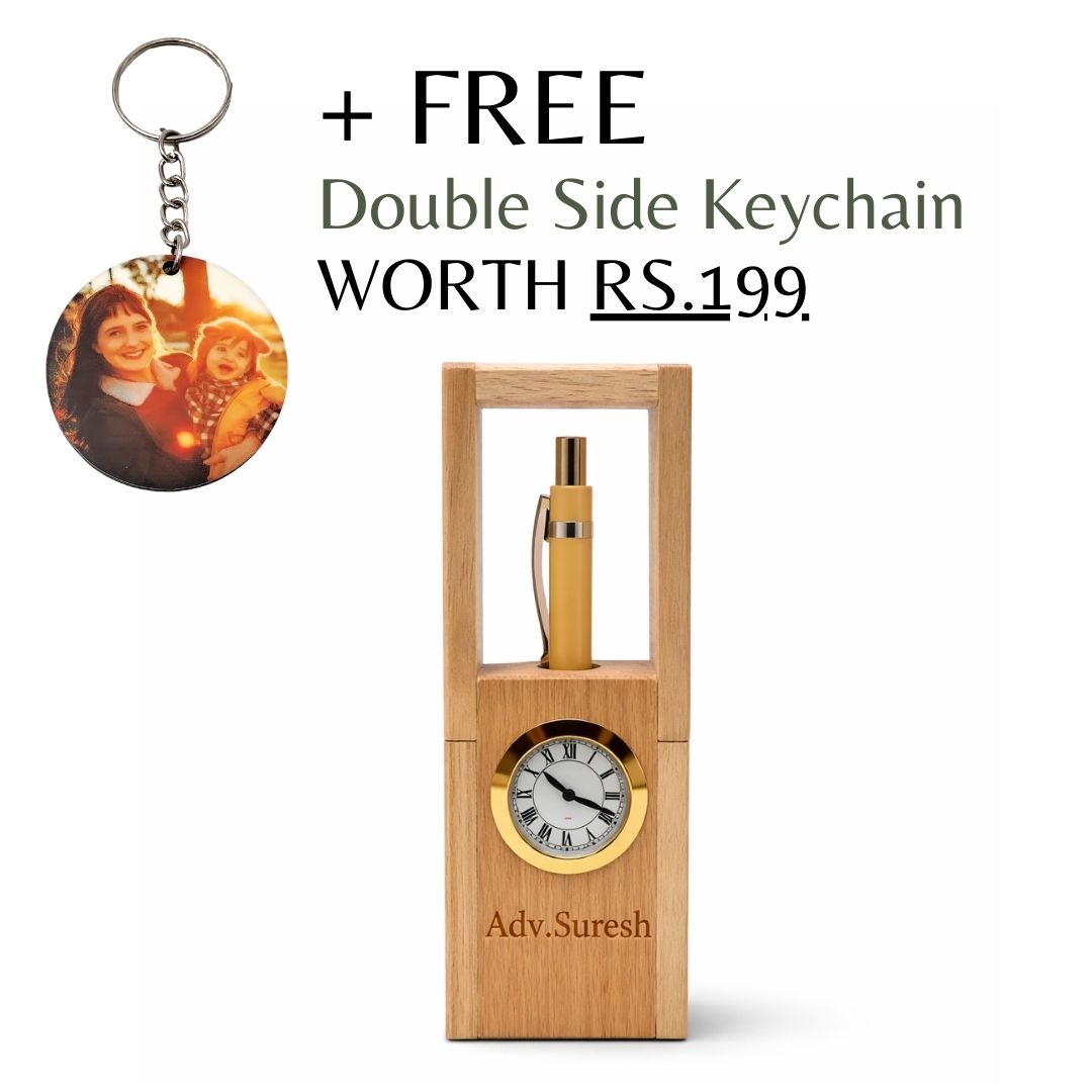 Personalized Foldable Wood Pen Stand with Clock & Pen