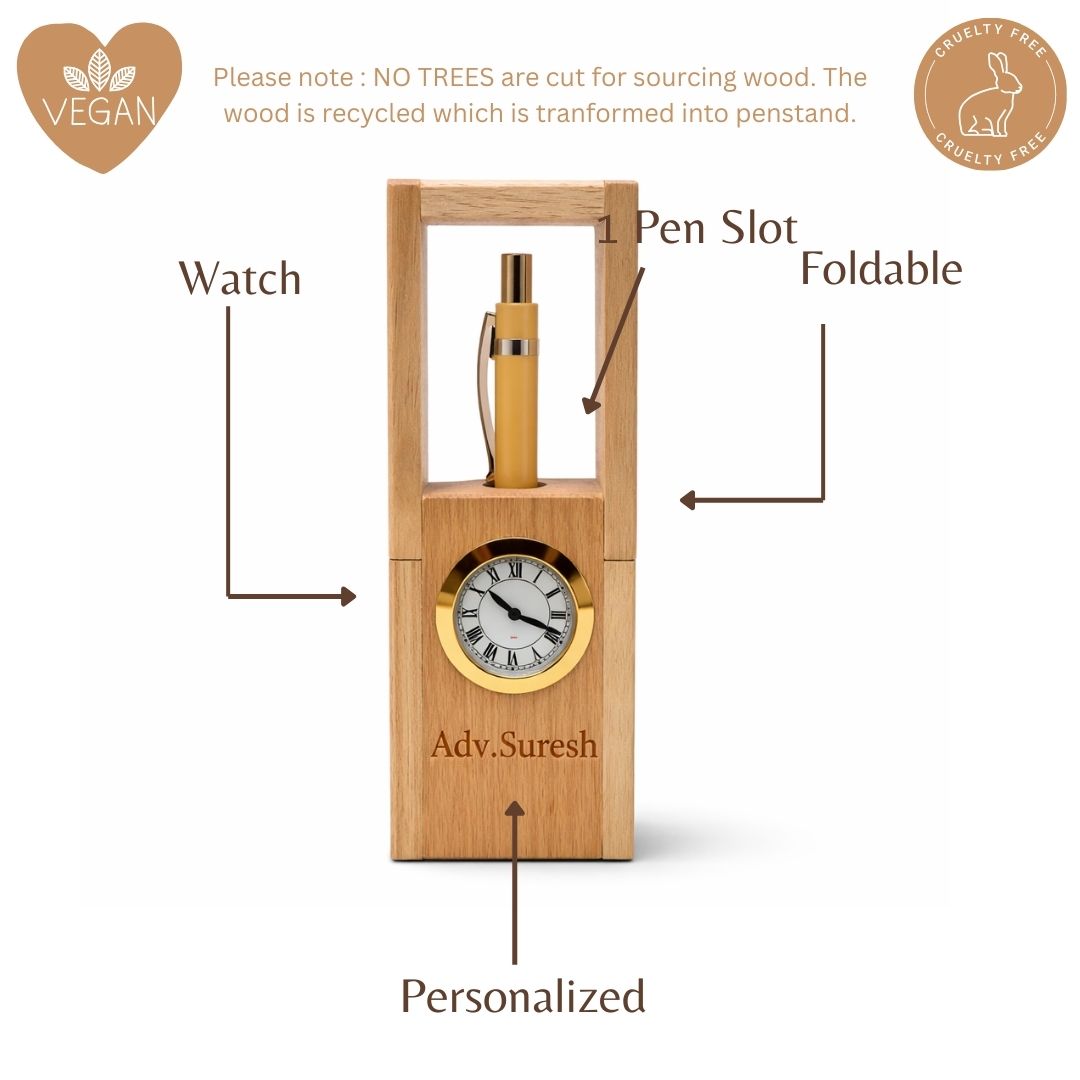 Personalized Foldable Wood Pen Stand with Clock & Pen