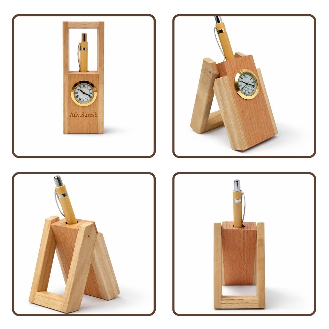 Personalized Foldable Wood Pen Stand with Clock & Pen
