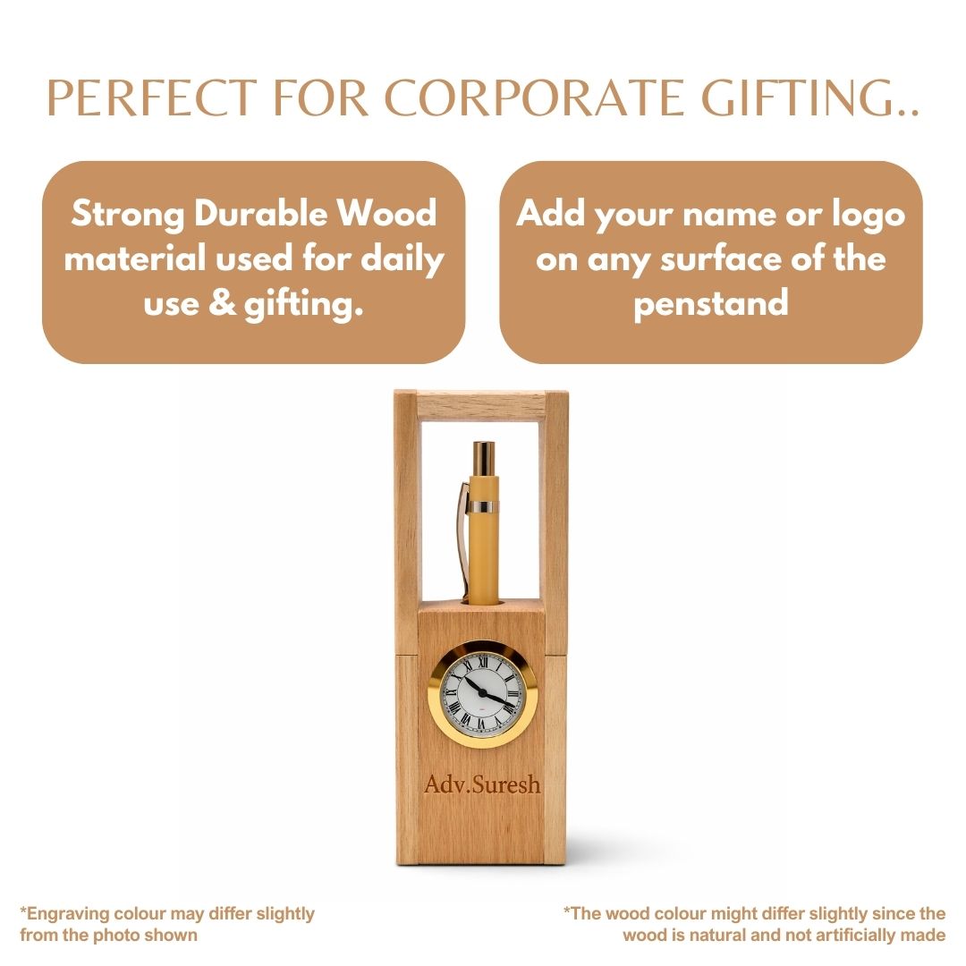 Personalized Foldable Wood Pen Stand with Clock & Pen