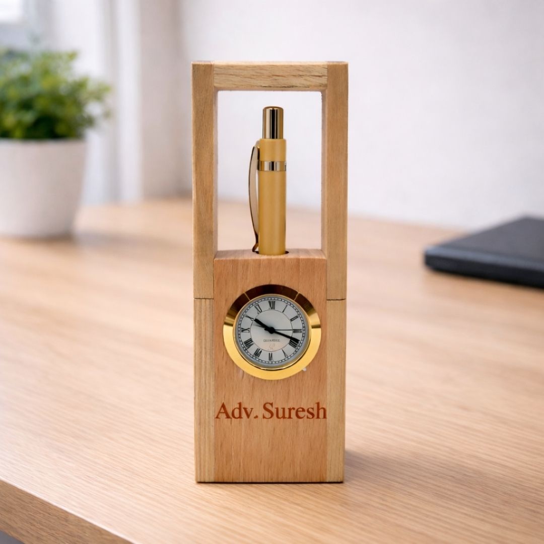 Personalized Foldable Wood Pen Stand with Clock & Pen