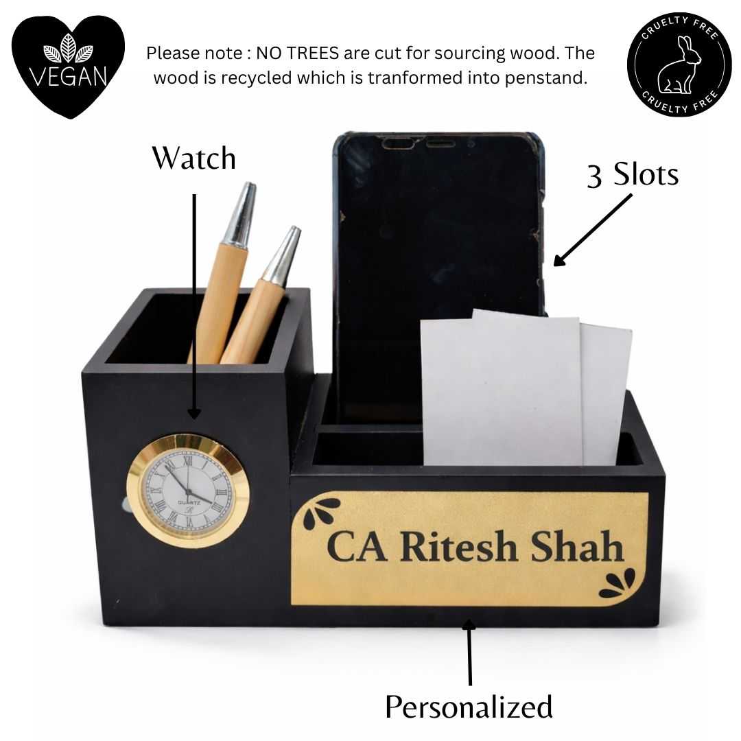 Personalized Black 3-Compartment MDF Pen Stand with Calendar