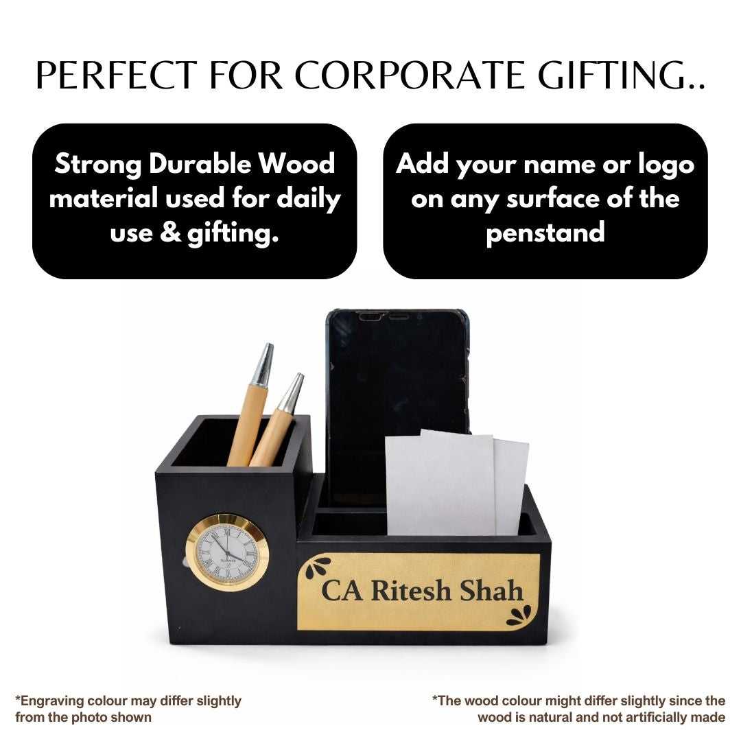 Personalized Black 3-Compartment MDF Pen Stand with Calendar