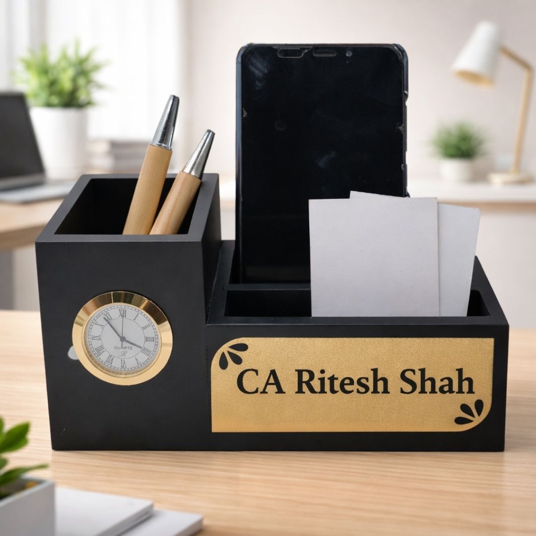 Personalized Black 3-Compartment MDF Pen Stand with Calendar