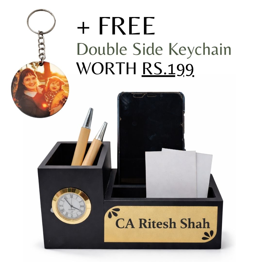 Personalized Black 3-Compartment MDF Pen Stand with Calendar