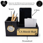 Personalized Black 3-Compartment MDF Pen Stand with Calendar