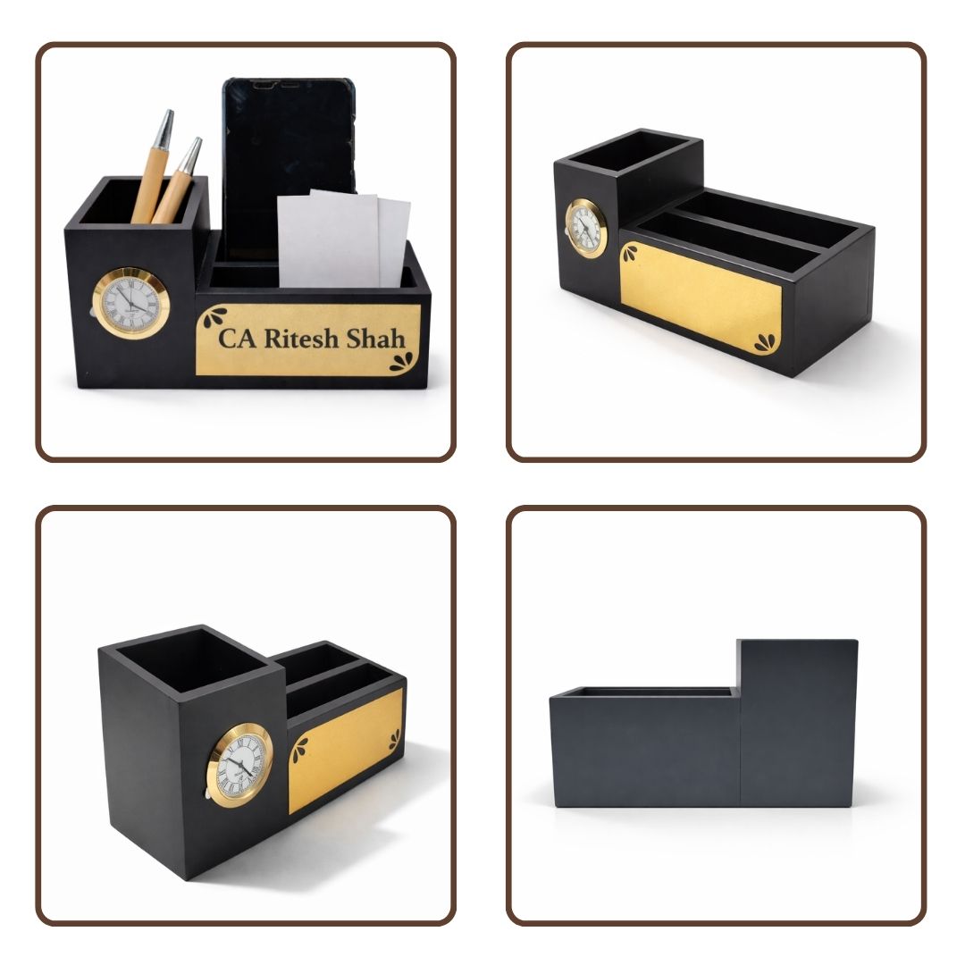 Personalized Black 3-Compartment MDF Pen Stand with Calendar
