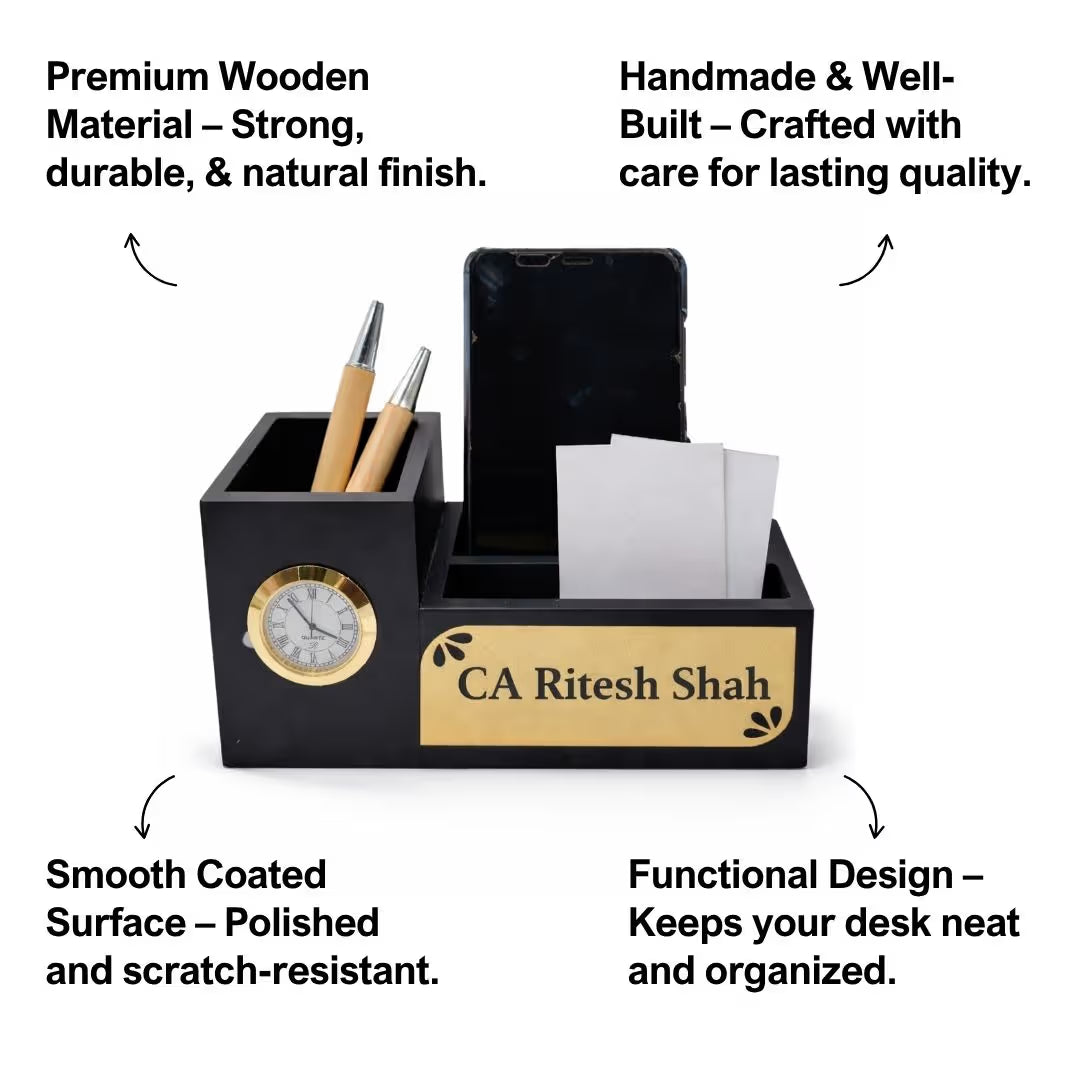 Personalized Black 3-Compartment MDF Pen Stand with Calendar