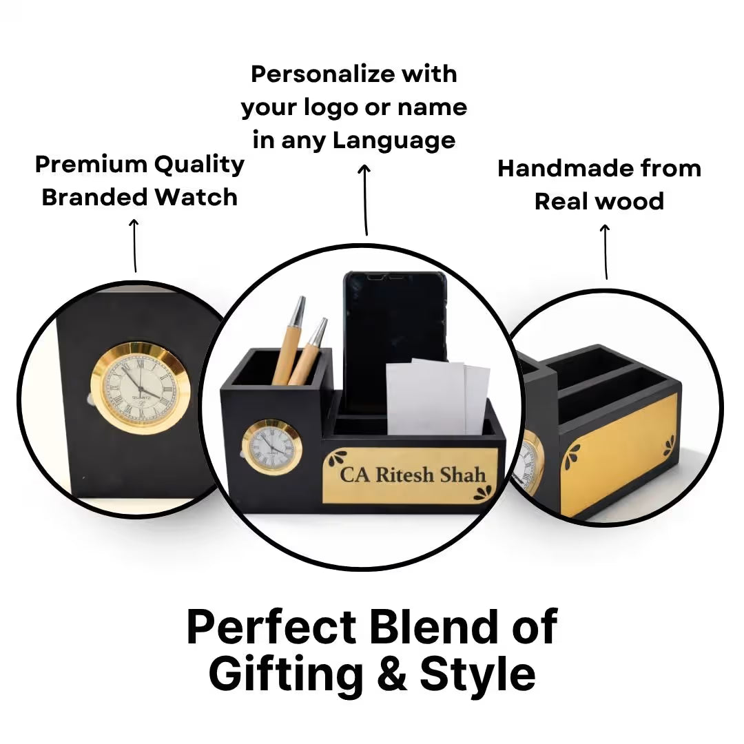 Personalized Black 3-Compartment MDF Pen Stand with Calendar