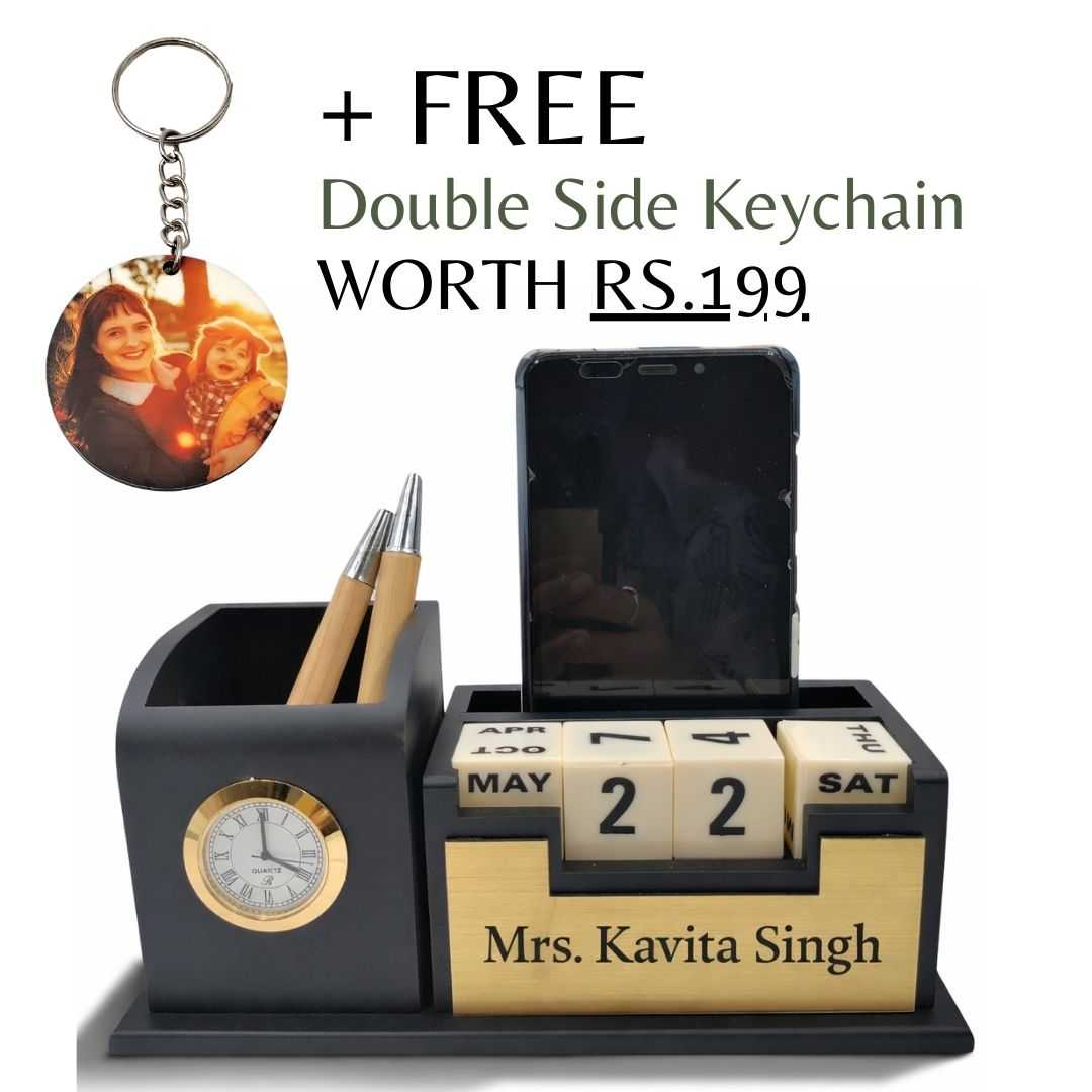 Personalized Black 2-Compartment MDF Pen Stand with Calendar