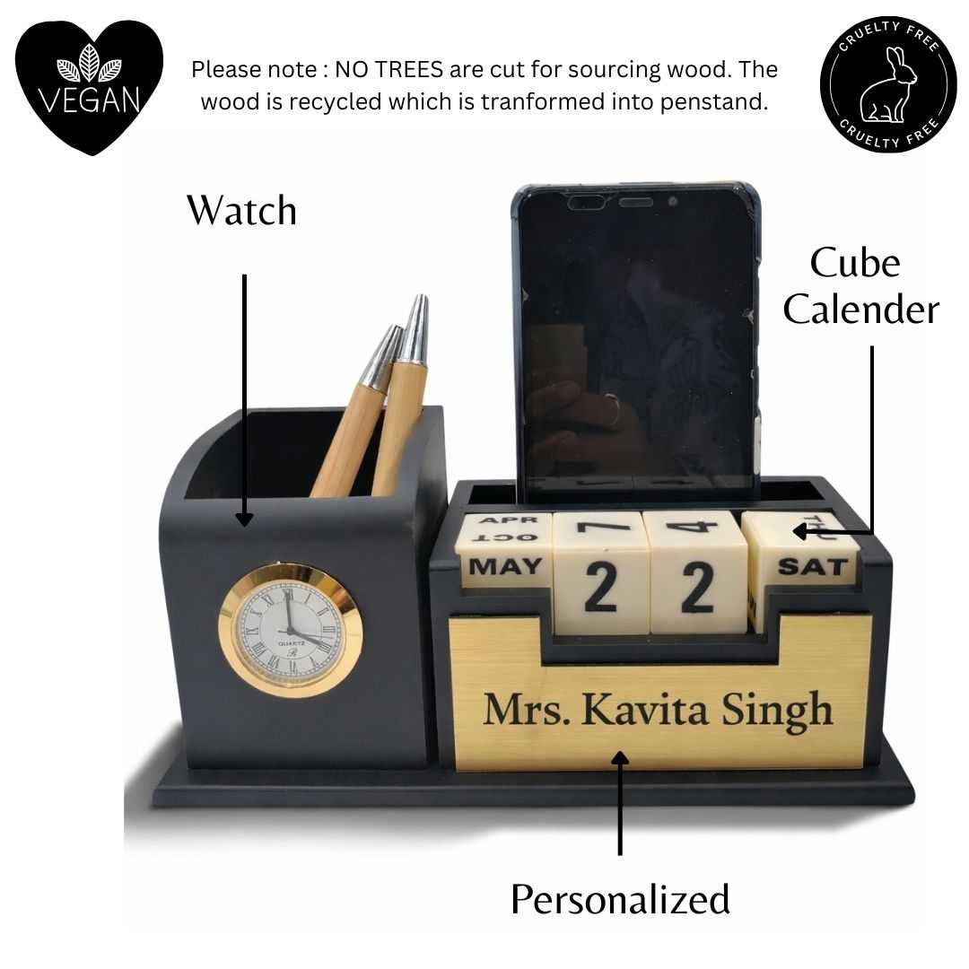 Personalized Black 2-Compartment MDF Pen Stand with Calendar