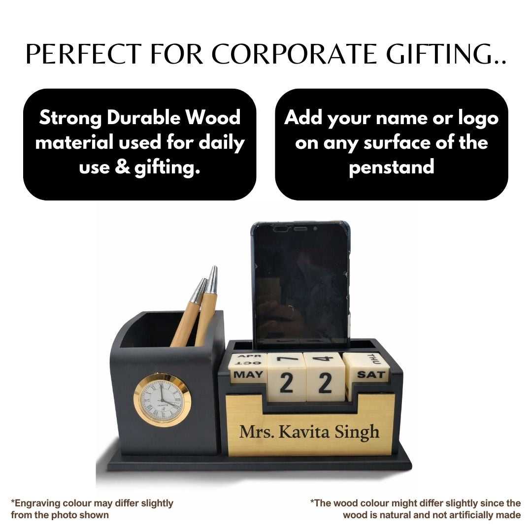 Personalized Black 2-Compartment MDF Pen Stand with Calendar