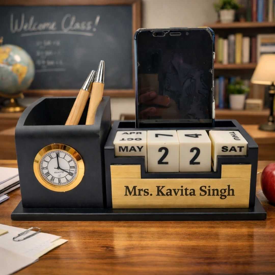 Personalized Black 2-Compartment MDF Pen Stand with Calendar