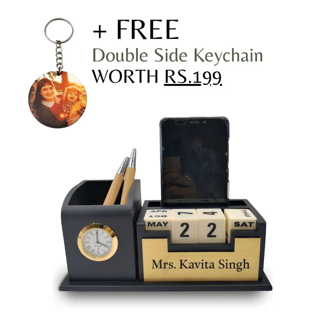 Personalized Black 2-Compartment MDF Pen Stand with Calendar