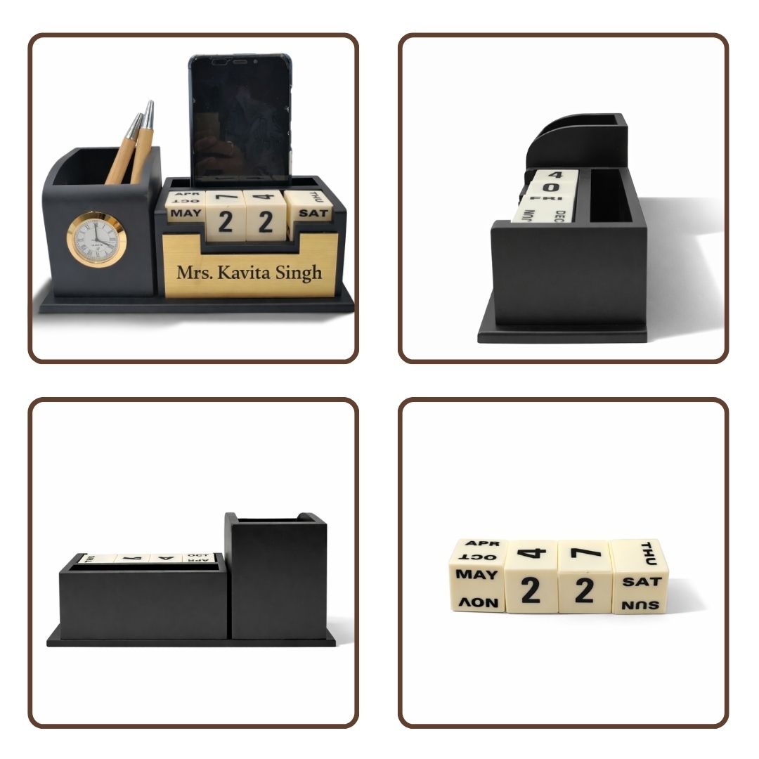 Personalized Black 2-Compartment MDF Pen Stand with Calendar