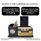 Personalized Black 2-Compartment MDF Pen Stand with Calendar