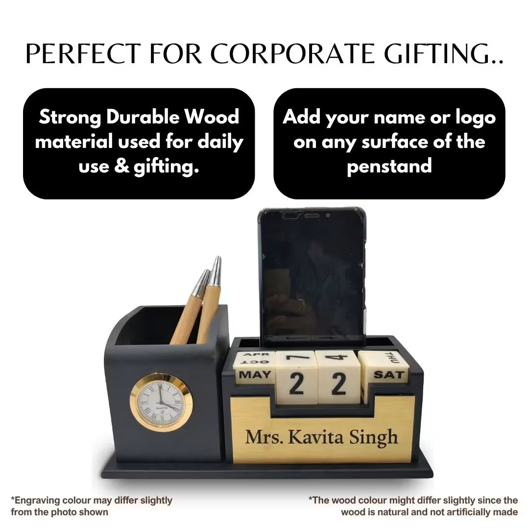 Personalized Black 2-Compartment MDF Pen Stand with Calendar